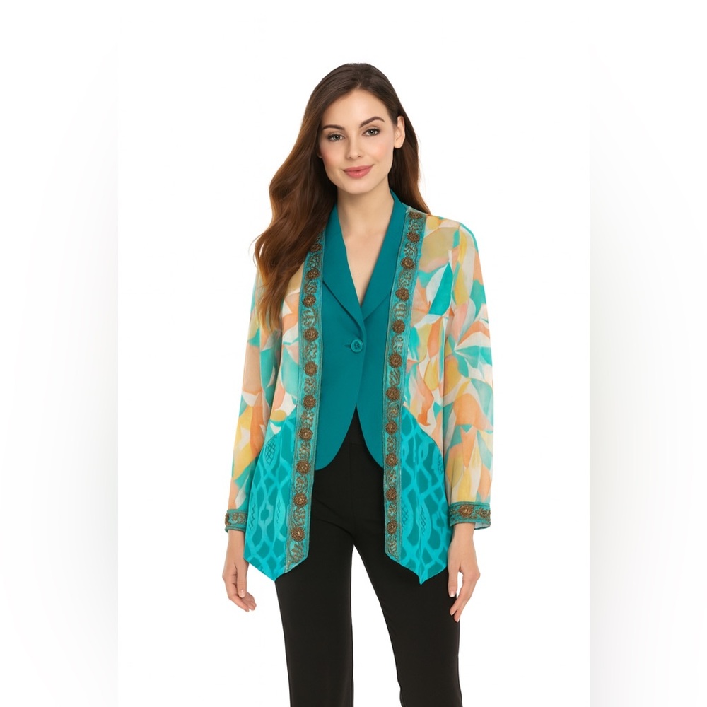 Soft Surroundings Beaded Sheer Cardigan Viscose Women MEDIUM‎ Green Orange 2FJ79